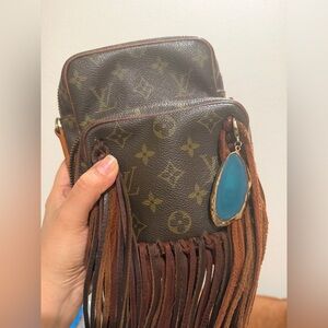 Louis Vuitton Brown Crossbody Bag with Fringe and Blue Accent